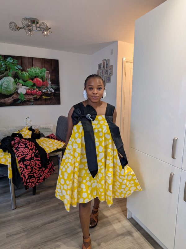 Adanna Ankara Yellow and Black Bow Dress