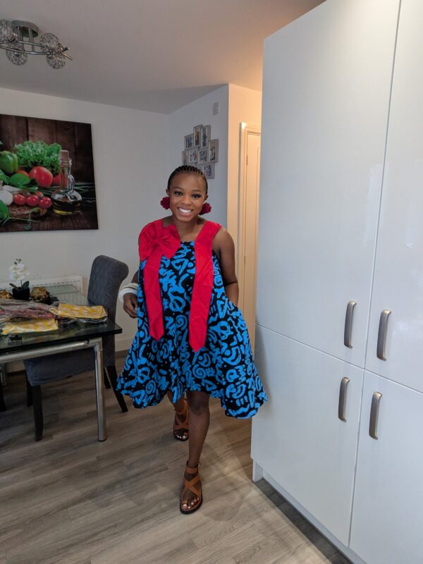 Adanna Ankara Blue and Red Bow Dress