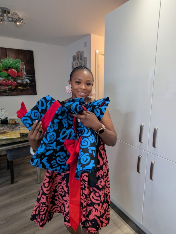Adanna Ankara Blue and Red Bow Dress