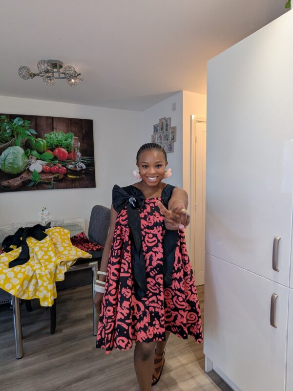 Adanna Ankara Pink and Black Bow Dress
