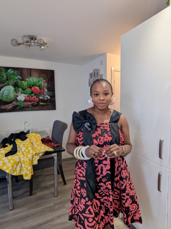 Adanna Ankara Pink and Black Bow Dress