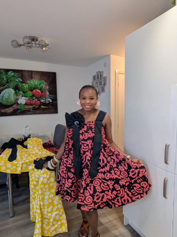 Adanna Ankara Pink and Black Bow Dress