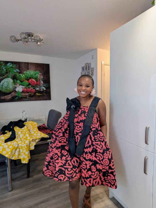 Adanna Ankara Pink and Black Bow Dress